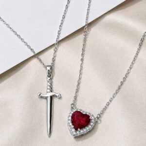 Crimson Heart & Silver Sword Necklace Set