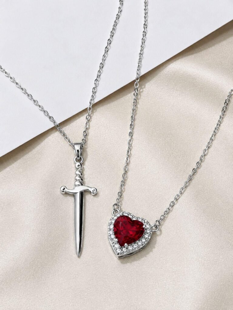 Crimson Heart & Silver Sword Necklace Set