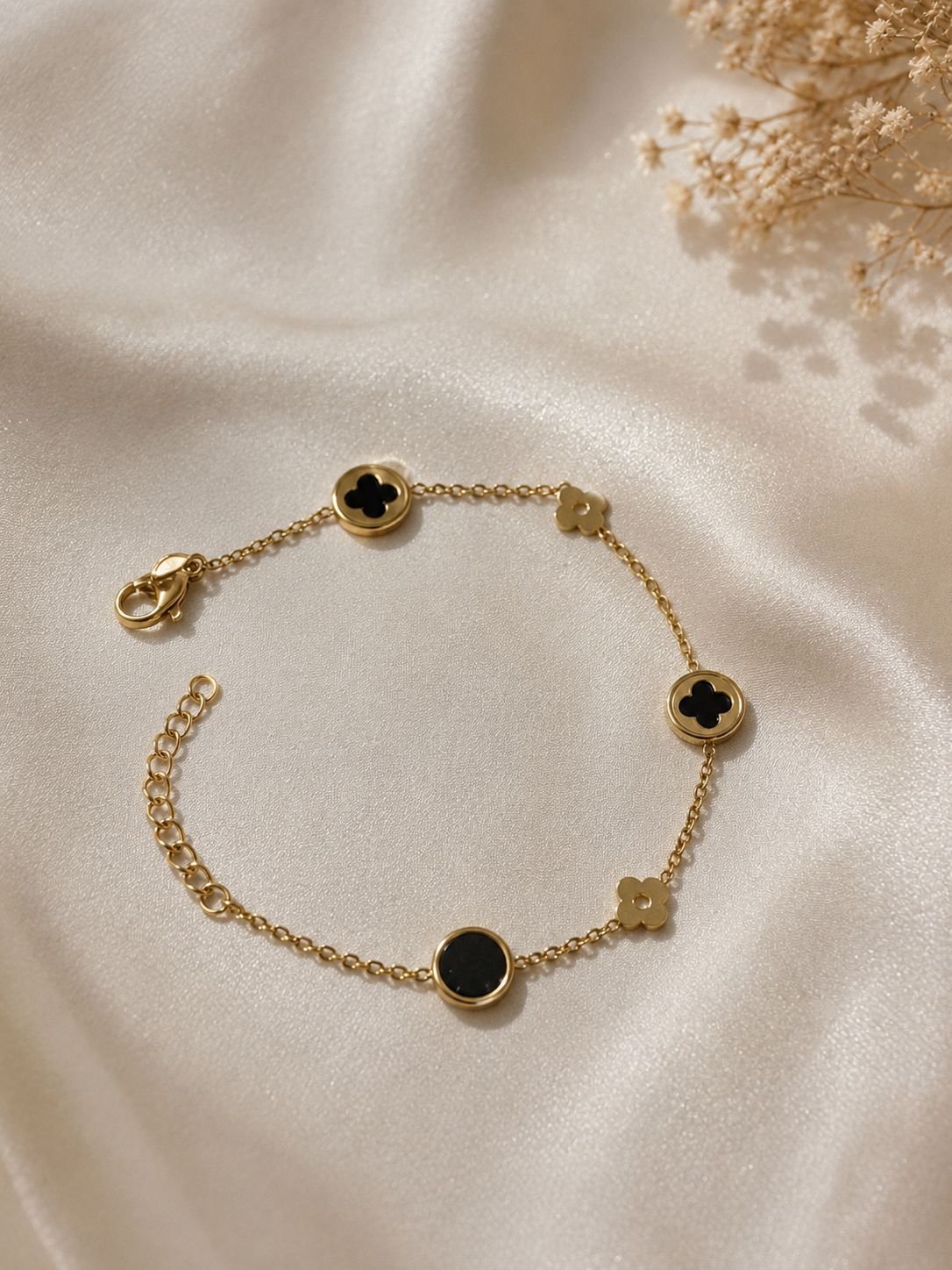 Golden Black Clover & Flower Bracelet