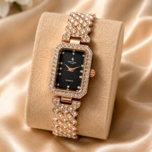 Golden Black Crystal Rectangle Watch