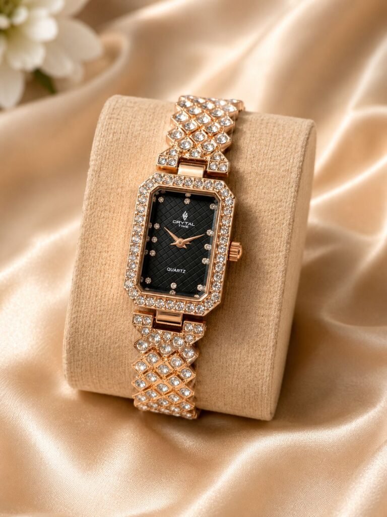 Golden Black Crystal Rectangle Watch