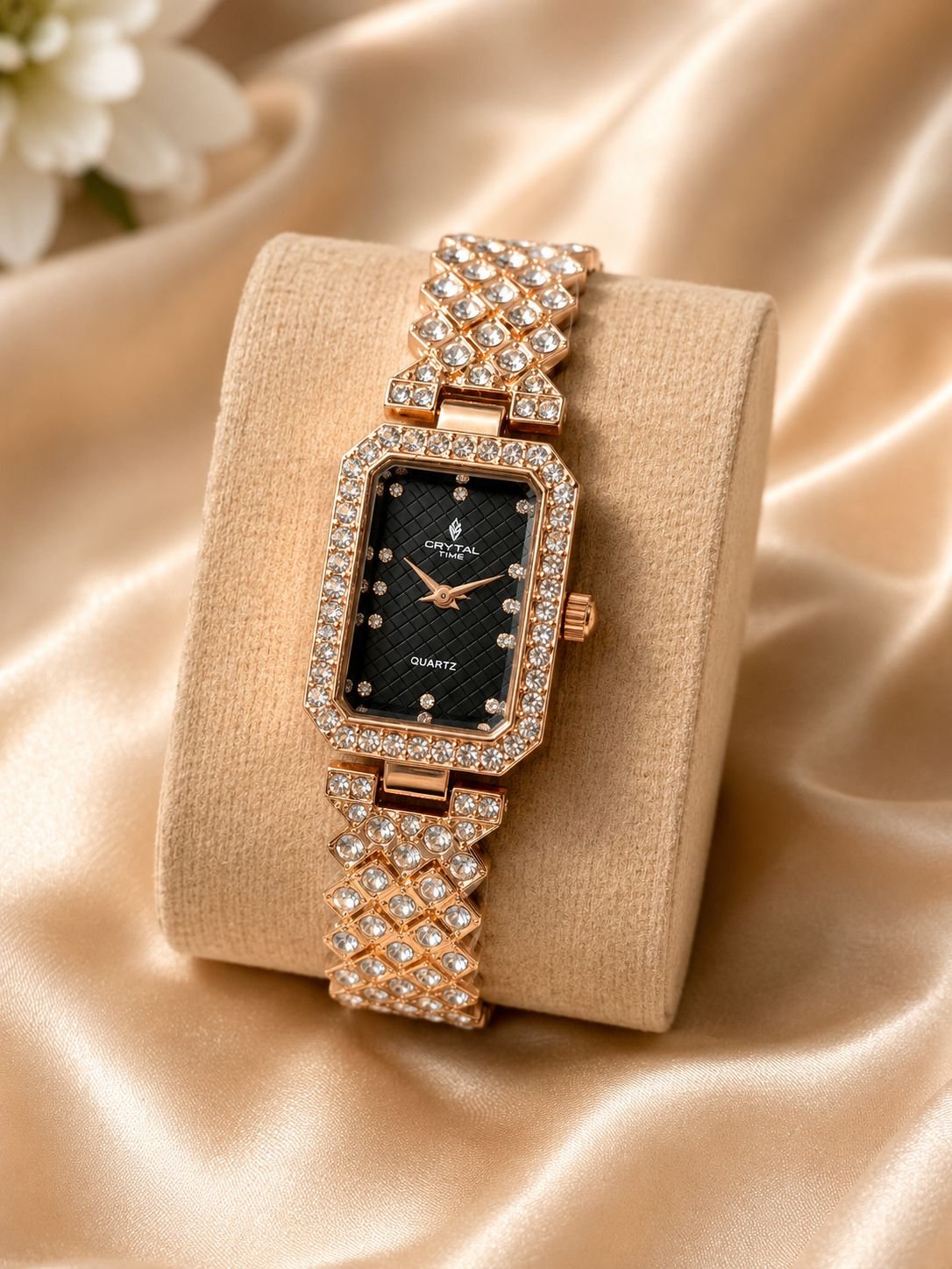 Golden Black Crystal Rectangle Watch