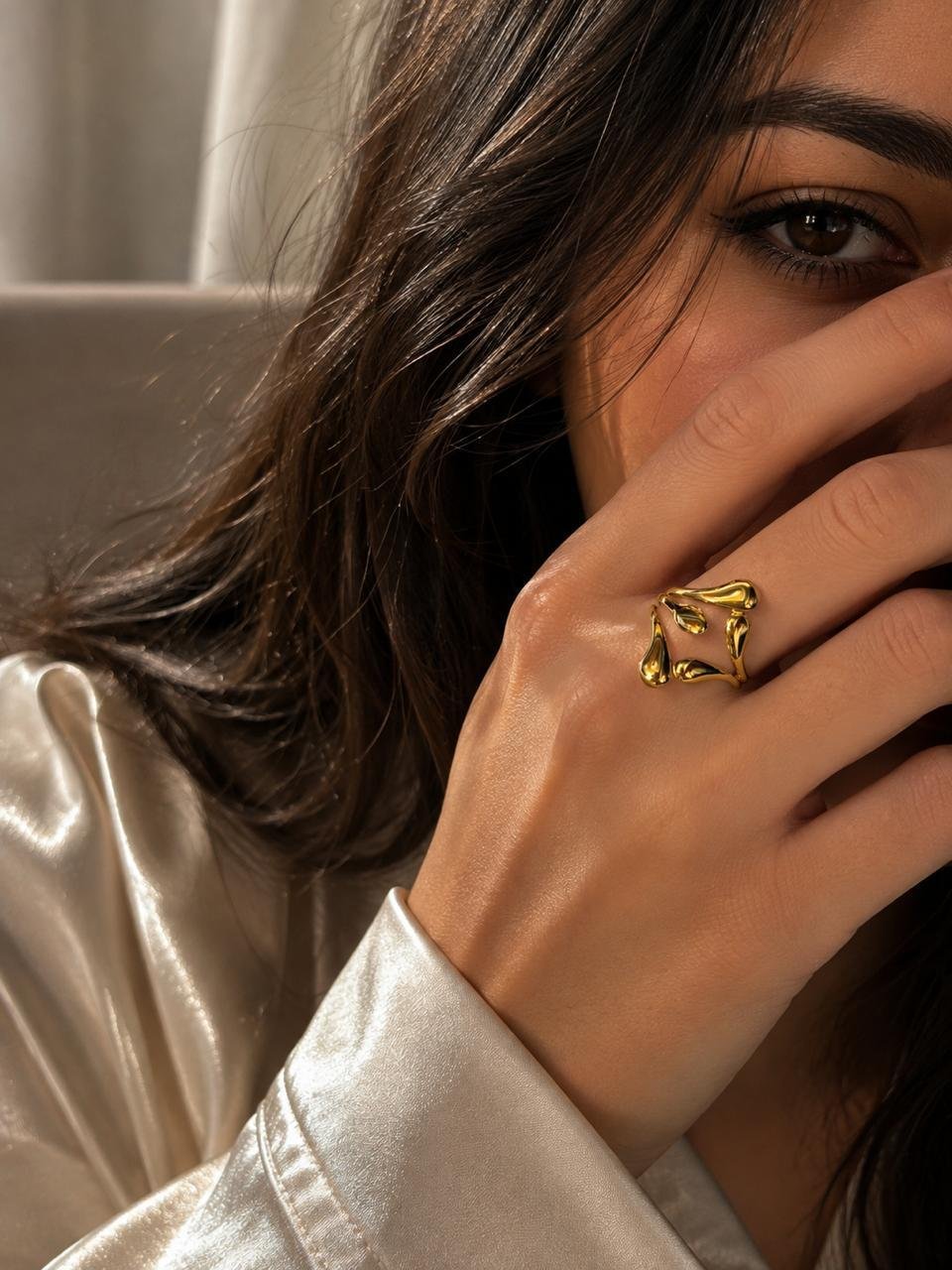 Golden Teardrop Sculptural Ring - Image 2